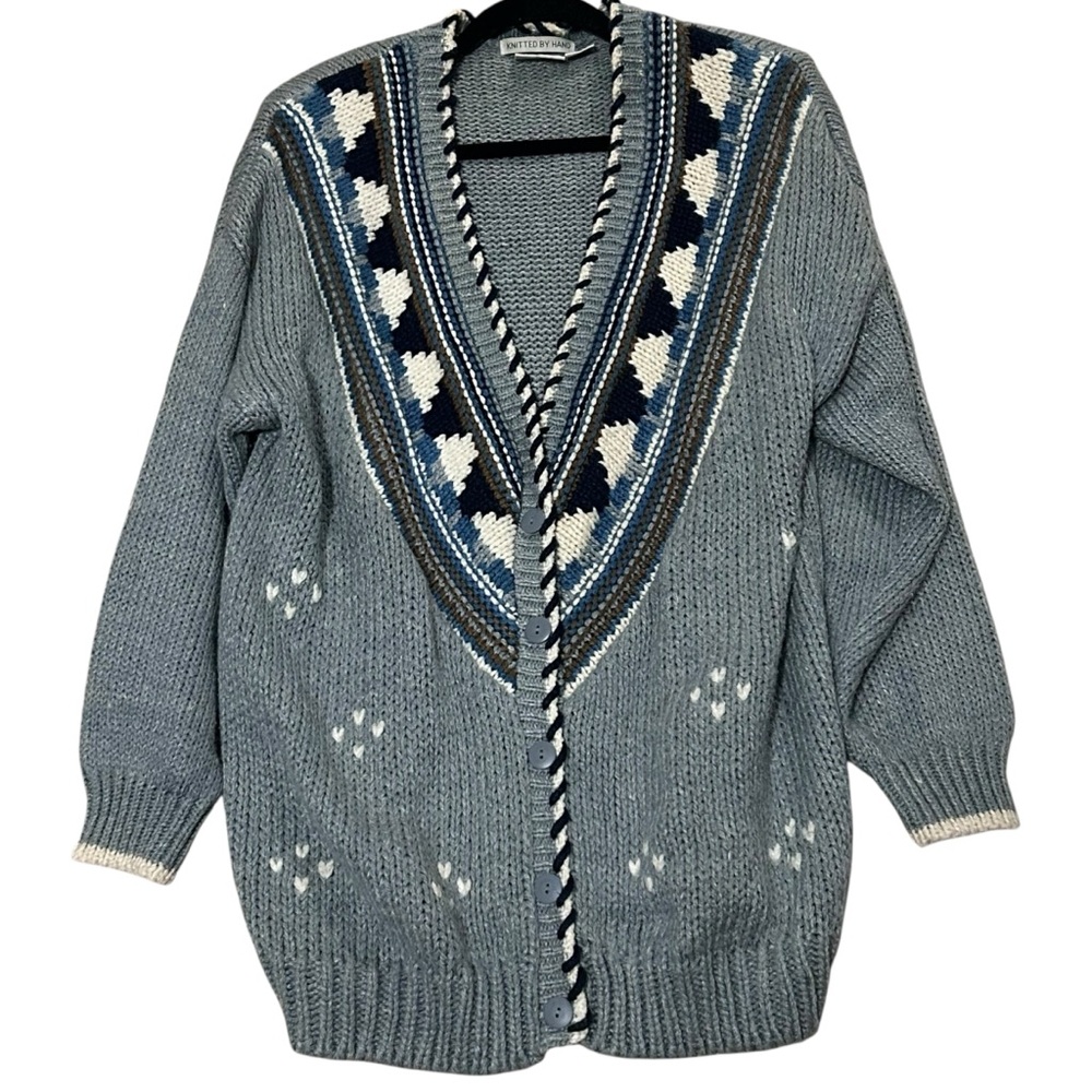 BACKROAD BLUES Vintage Hand Knitted Chunky Knit Button Front Cardigan